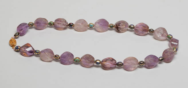 Vintage Chinese Cut Amethyst, Cloisonne Necklace: Collectible Chinese amethyst caved nugget bead and cloisonne bead necklace. Approx. 20 inch L.
