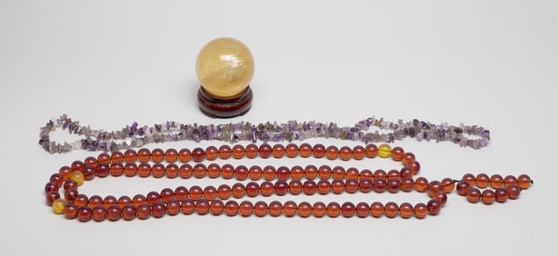 Crystal Ball, Amethyst, Amber Like Chinese Beads