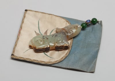 Chinese Export Jade, Silk Hanging Purse