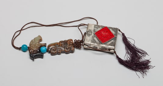 Chinese Export Jade, Silver Plated Hanging Purse
