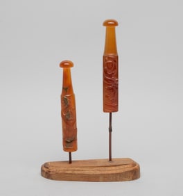 Tall Chinese Carved Cameo Agate Pipes