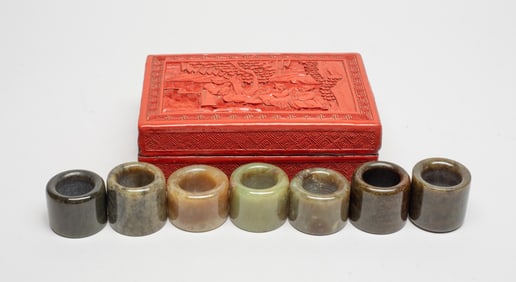 Chinese Jade Thumb Rings w/ Cinnabar Box