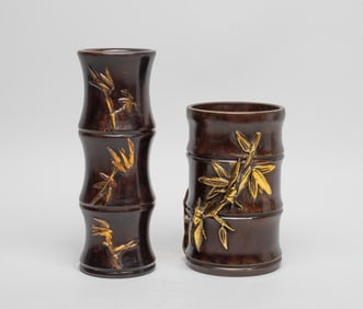 Two Chinese Bamboo Form Bronze Brush Pots