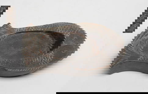 Chinese Export Ink Stone, Double Fish Form: Special Chinese ink stone carved with double fish around the rim, the underside inscribed with three characters. Approx. 6.7*4.4*1.35 inch.