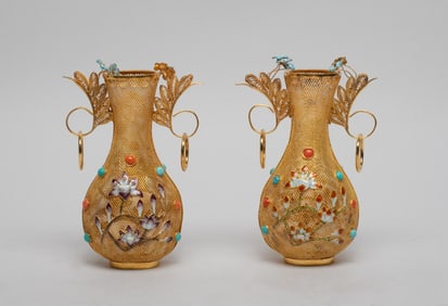 Two Chinese Enameled Gold on Silver Vases