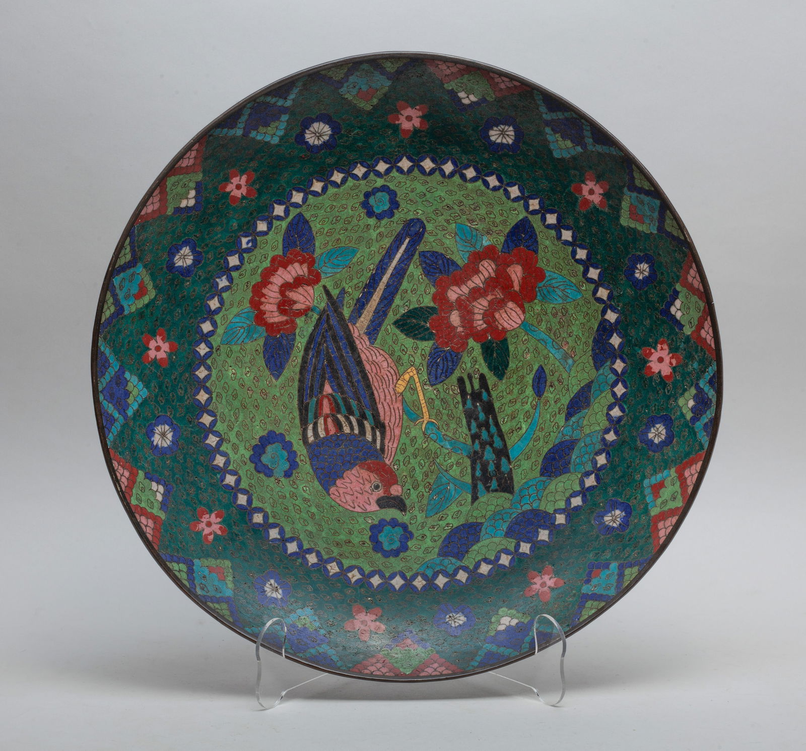 Large Antique Japanese Edo Cloisonne Charger: The charger interior enameled with bird and flowers on green ground, the exterior with similar flowers. Approx. 14*2.3 inch.