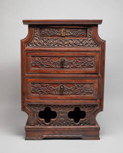 Chinese Export Cabinet Wood Box: Collectible Chinese wood cabinet box, carved with floral scrolls, the bottom with two quatrilobed apertures. Approx. 18.2*12.5*7.8 inch.
