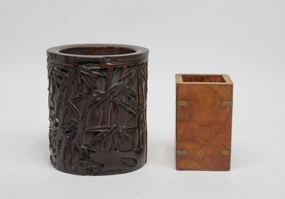 Two Chinese Export Wood Brush Pots