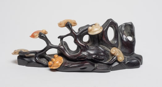 Chinese Wood Carved Brush Stand Inlaid Stone