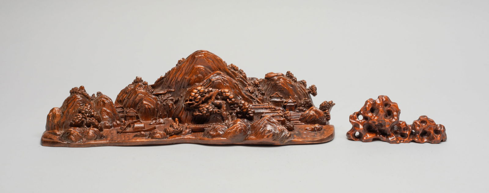 Estate Chinese Wood Sculpture, Brush Stand: The sculpture masterfully carved as a mountainous landscape, with a variety of trees issuing from cragged rockworks, pavilion and figures, with one sage sitting in front of a bridge, another sage padd