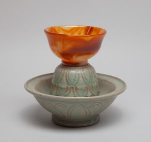 Special Chinese Porcelain Stand w/ Agate Cup