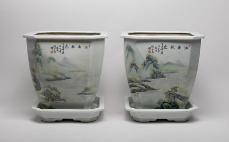 Two Large Chinese Export Porcelain Flower Pots