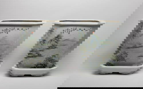 Two Large Chinese Export Porcelain Flower Pots: Each pot painted on one side with mountain river landscape, the opposite side painted with birds, bamboo, lingzhi and rocks, inscribed with related passages, the bottom pierced with an aperture, with