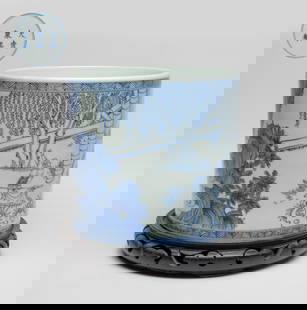 Large Chinese Blue & White Porcelain Brush Pot: Of cylindrical form, the exterior painted with figures in various activities in outdoor setting, the bottom marked with six characters enclosed in double circles, with stand. Approx. 7.9*7.2 inch (w/o