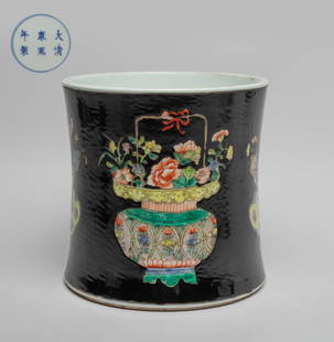 Estate Chinese Large Porcelain Brush Pot: Of gently waisted cylindrical form, the exterior painted with four baskets of flowers on black glazed background, the bottom marked with six characters enclosed in double circles. Approx. 7.4*7.3 inch