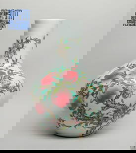 Large Chinese Export Porcelain Vase: The vase exterior decorated with blossoming and fruiting peach tree branches and five copper-red bats, the bottom inscribed with a six-character mark. Approx. 12.8*8.5 inch. The Estate of the Store Cl