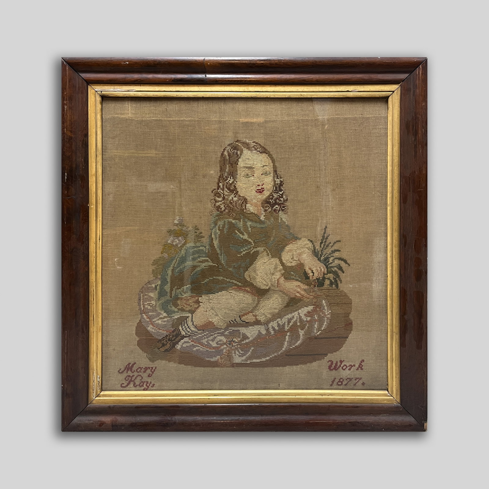 Estate Large Vintage Embroidered Painting: Large framed embroidered painting of girl. Approx. 34.5*33.3 inch (frame size).