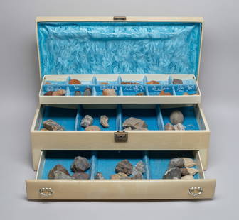 Estate Large Box of Fossils & Gemstones: Large collection of fossil and gemstone sculptures, with box. Approx. 16.5*8.2*5.5 inch (box size).