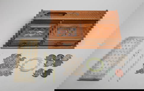 Estate Chinese Export Fengshui Coins, Decors: Including Chinese Fengshui coins, stone slabs, gemstone rings, a stone bangle, two stone hairpins, and a large stone plaque incised on both sides with ancient characters with fret and scroll borders,