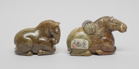 Estate Two Chinese Burnt Jade Horse Sculptures