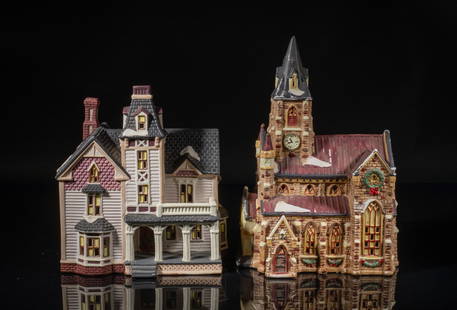 Two Department 56 Porcelain House Sculptures: Two vintage department 56 porcelain house sculptures. DICKENS COLLECTABLES CHINA 1997. Approx. 10.7*7.6*5.6 inch (larger).
