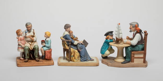 Norman Rockwell Porcelain Figures: Three vintage Norman Rockwell porcelain figure table sculptures, each bottom with mark. Approx. 5.5*5.7*3.3 inch (largest).