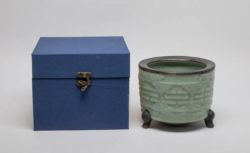 Estate Chinese Longquan Porcelain Censer: Of cylindrical form resting on three short cabriole legs, the exterior carved with Daoist Eight Trigrams, overall covered with celadon glaze, with box. Approx. 5.3*4.2 inch (w/o box).