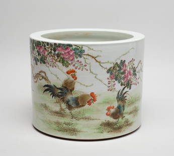 Estate Chinese Famille Rose Porcelain Brush Pot: Of cylindrical form, the exterior painted with gnarled flower stems and three roosters, inscribed with related passages. Approx. 7.6*6.1 inch.