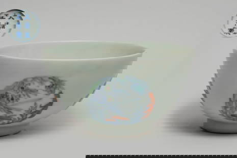 Estate Chinese Export Porcelain Tea Bowl: The bowl interior centre painted with lotus, the exterior with various flowers forming in circular shapes, the bottom marked with six characters enclosed in double circles. Approx. 4.6*2.4 inch.