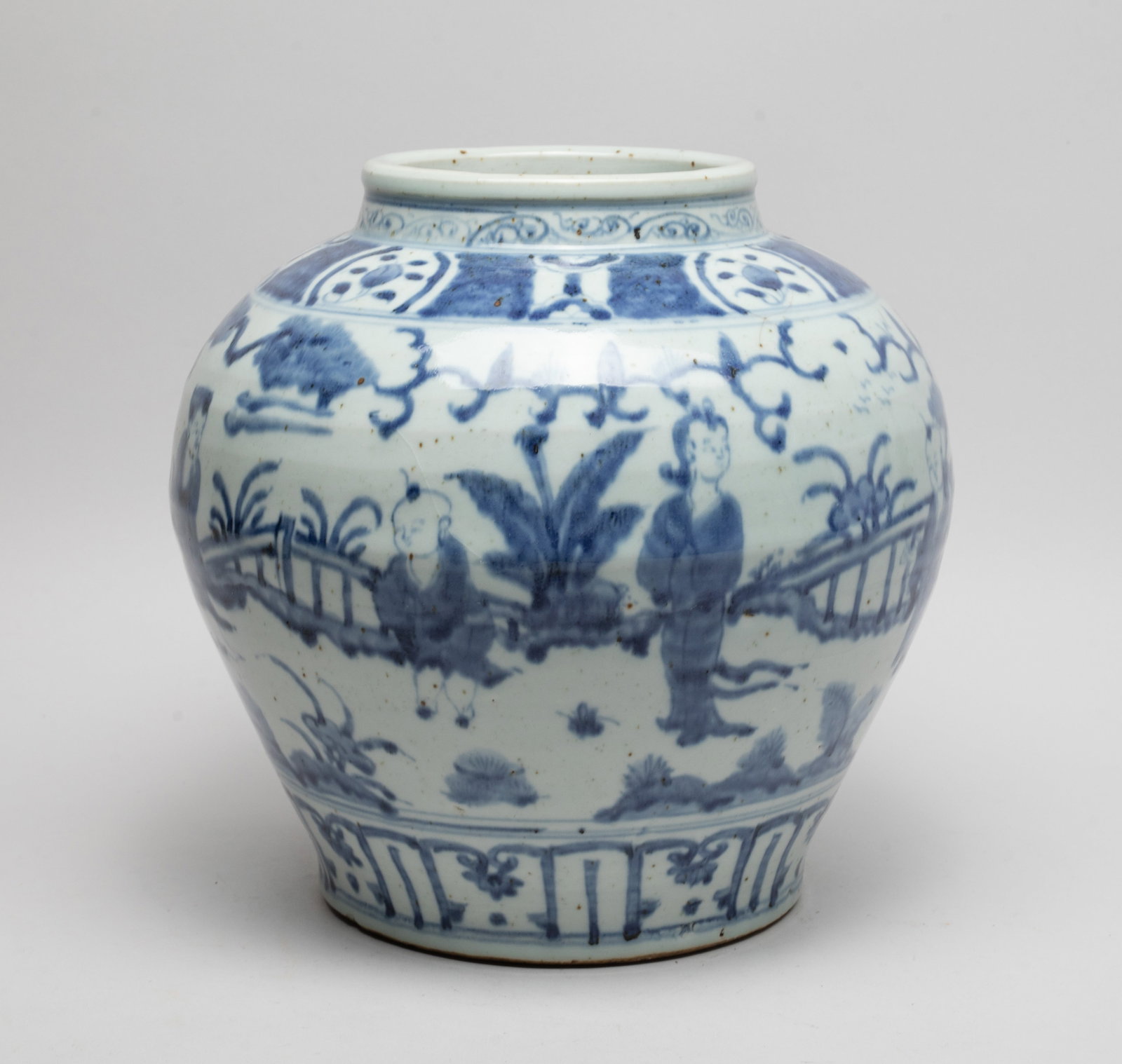 Chinese Export Porcelain Jar: The ovoid body exterior painted with a continuous scene depicting figures in various activities in garden setting, between bands of flowers and lappets. Approx. 9.5*9.7 inch.