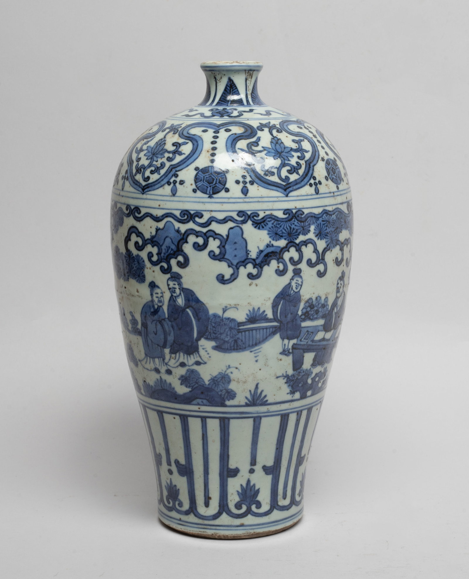 Chinese Blue & White Porcelain Vase: Of baluster form, the exterior painted with figures in various activities, under a band of ruyi heads enclosing lotus, above a band of lappets. Approx. 10.5*5.5 inch.