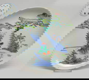 Estate Chinese Douchait Porcelain Plate: The plate interior painted with a figure fishing at the riverbank and another figure riding on a horse, the bottom marked with six characters enclosed in double circles. Approx. 7.1 inch D.