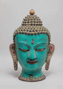 Large Asian Wall Hanging Mask: The mosaic face flanked by a pair of pendulous ears, surmounted with raised hair coils, the ear and neck decorated with gemstone. Approx. 14.2*9.4*4 inch.