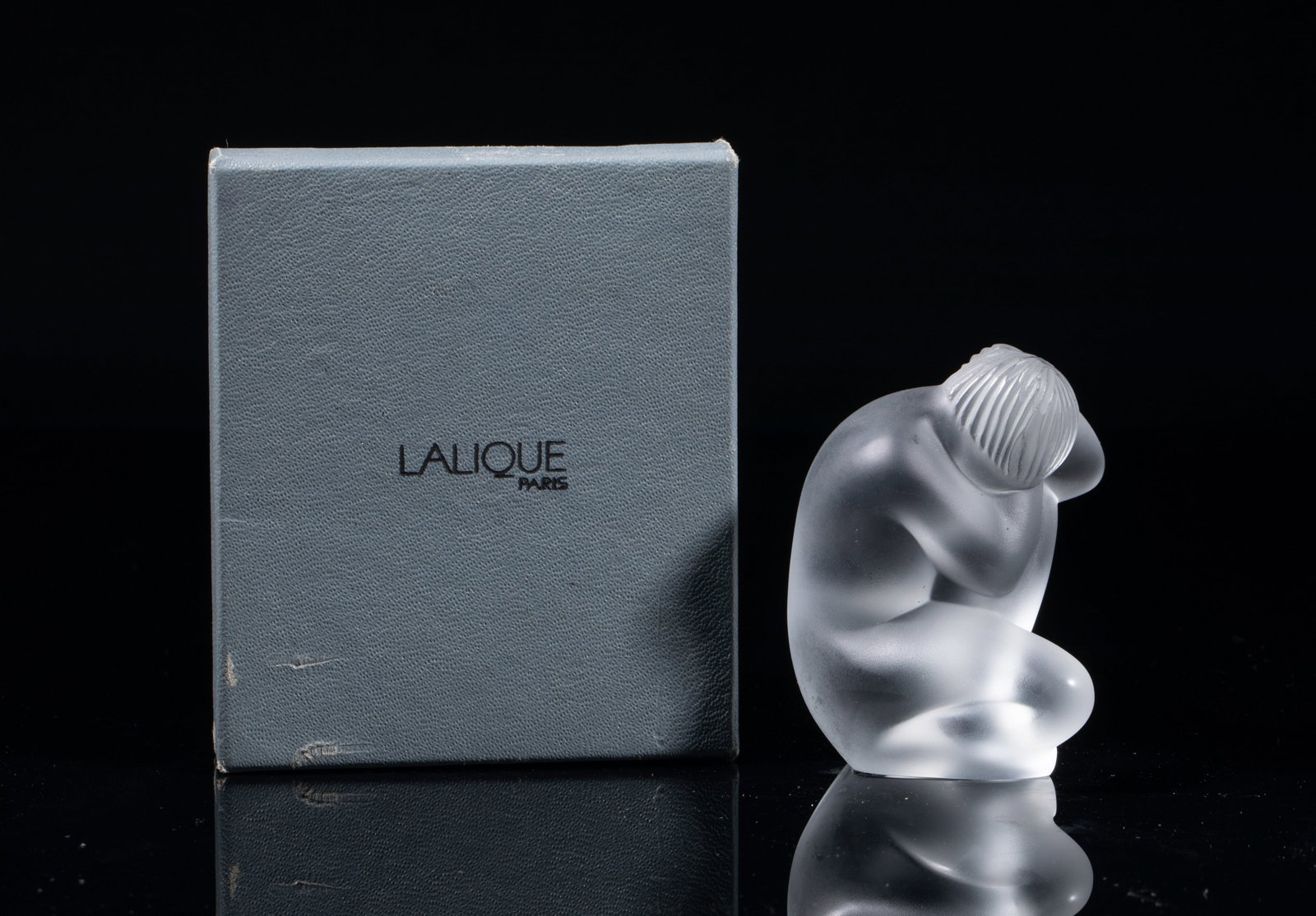 Collectible Lalique Crystal Glass Sculpture: France Lalique crystal glass sculpture moulded in squat figure form, the bottom etched LALIQUE COLLECTORS SOCIETY 1996, with box. Approx. 2.8*2.1*1.5 inch (w/o box).