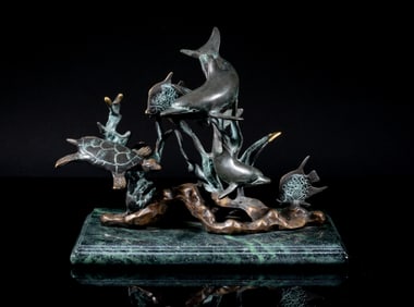 Bronze Sculpture Sea Turtle and Dolphins in Reef
