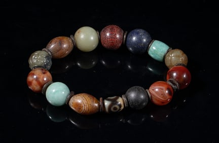 Estate Chinese Jade, Stone, Dzi Mixed Prayer Beads