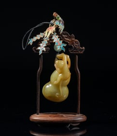 Estate Chinese Yellow Jade Gourd on Stand