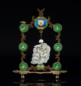 Chinese White Jade Plaque w/ Enameled Stand