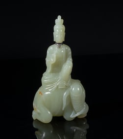 Chinese Yellow Celadon Jade Sculpture of Kuanyin