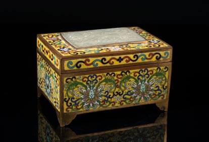 Chinese Cloisonne Box Inlaid Jade Plaque