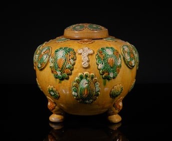 Estate Chinese Sanchai Stoneware Covered Jar