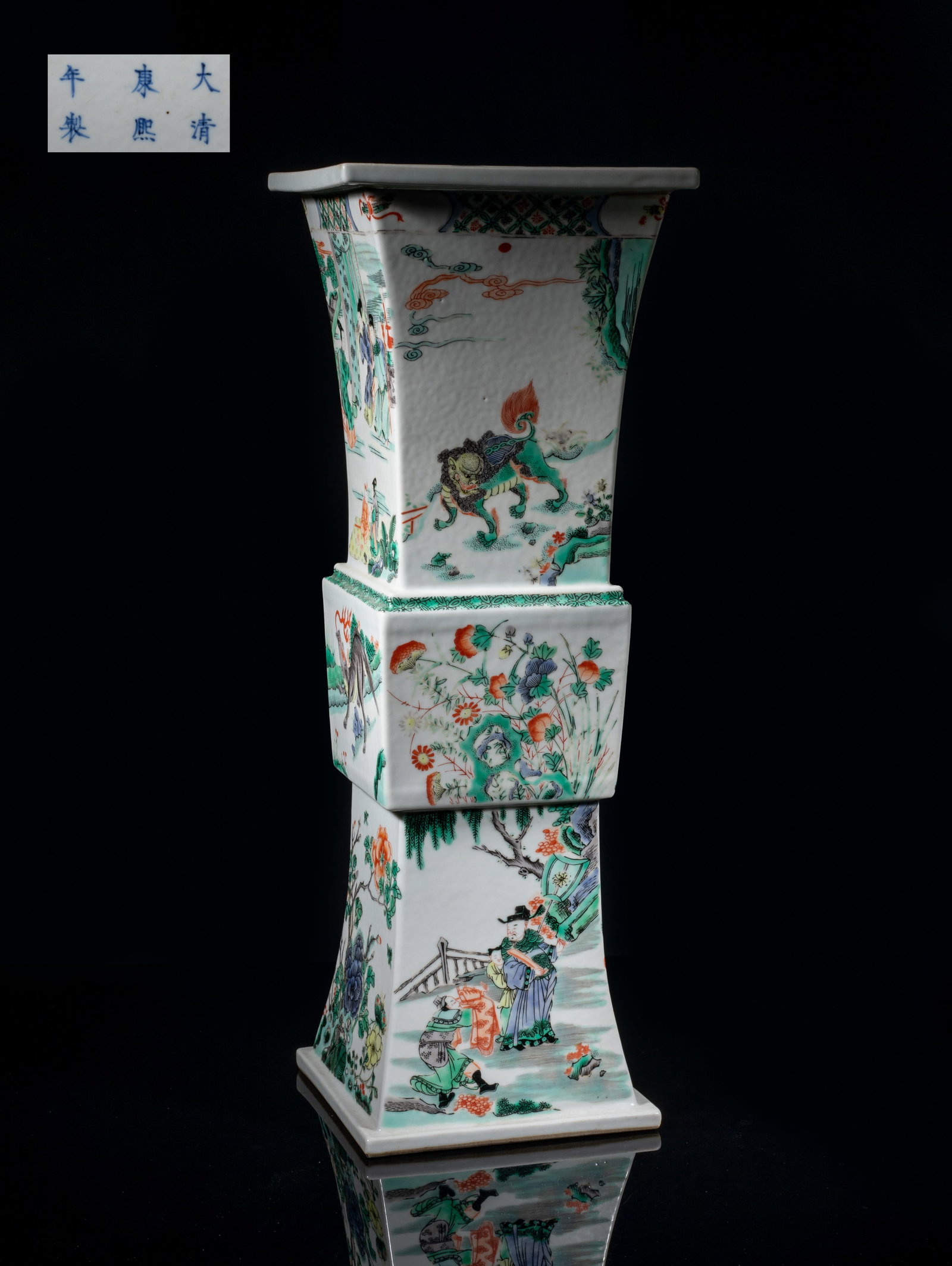 Estate Tall Chinese Wuchai Porcelain Vase: Of square section, the upper sections decorated with scenes of figures in various activities or bird and qilin in landscape, the central sections with flowers or mythical beasts, the lower sections wi