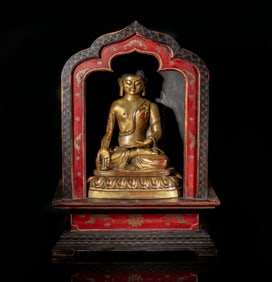 Large Chinese Bronze Buddha with Lacquer Wood Case