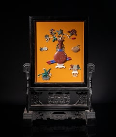 Chinese Wood, Lacquer Table Screen w/ Stones