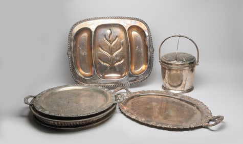 Large Set Old Silver Plated Charger, Pot