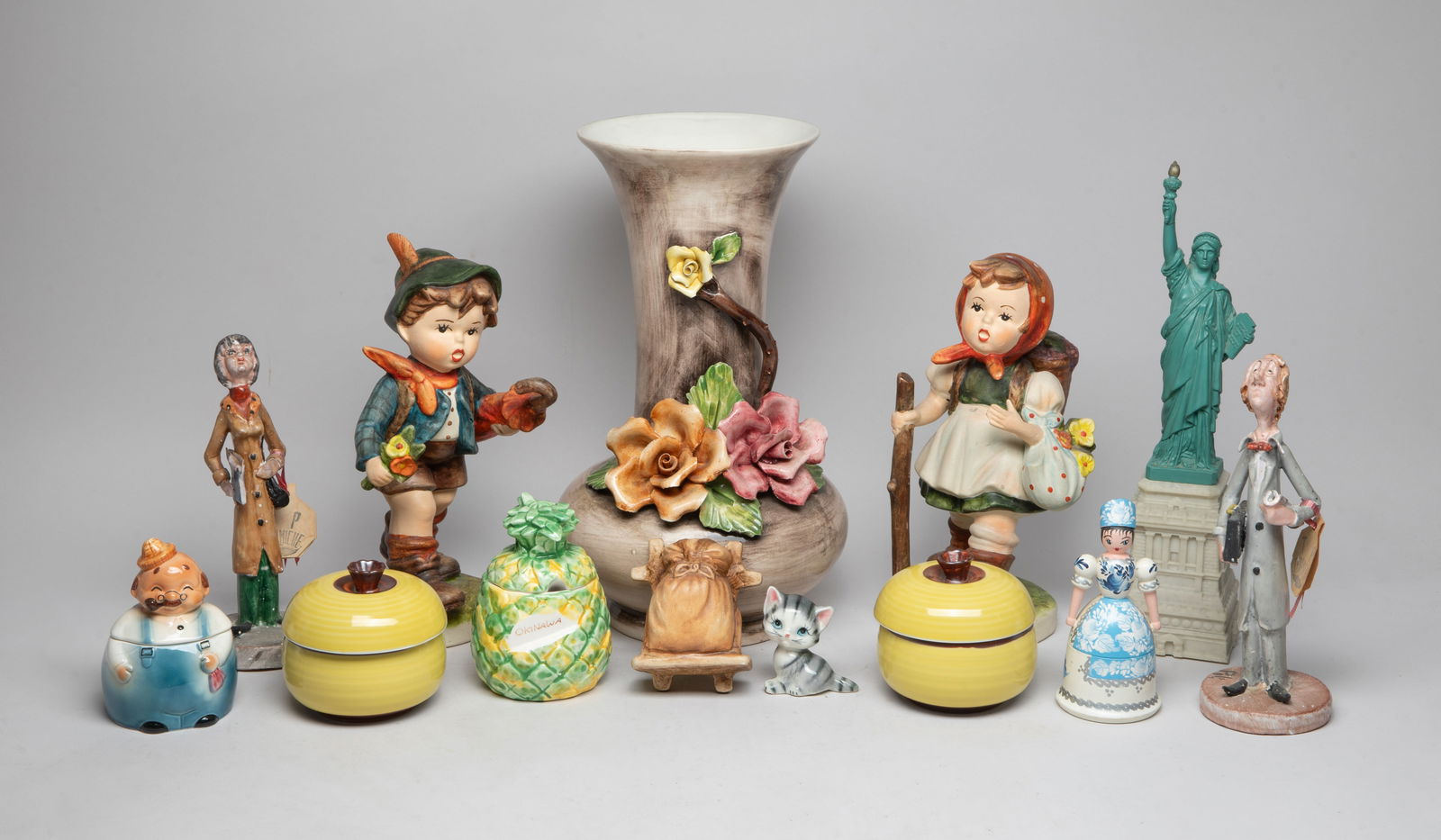 Estate Large Set Vintage Sculptures & Porcelains: Large group of room decor table sculptures, covered jars, and a large porcelain vase. Size varies.