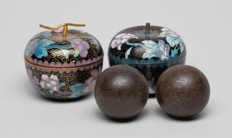 Estate Two Chinese Agarwood Balls w/ Case