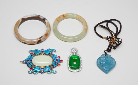 Chinese Jade, Agate Bangles, Aquamarine Pendant