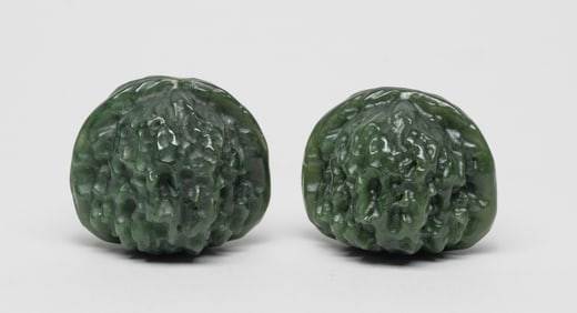 Two Chinese Spinach Jade Toy Nuts