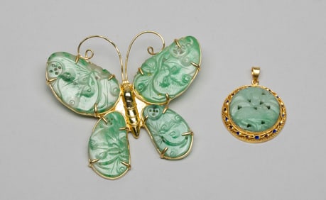 Chinese Gilt, Jade Jadeite Brooch & Pendant
